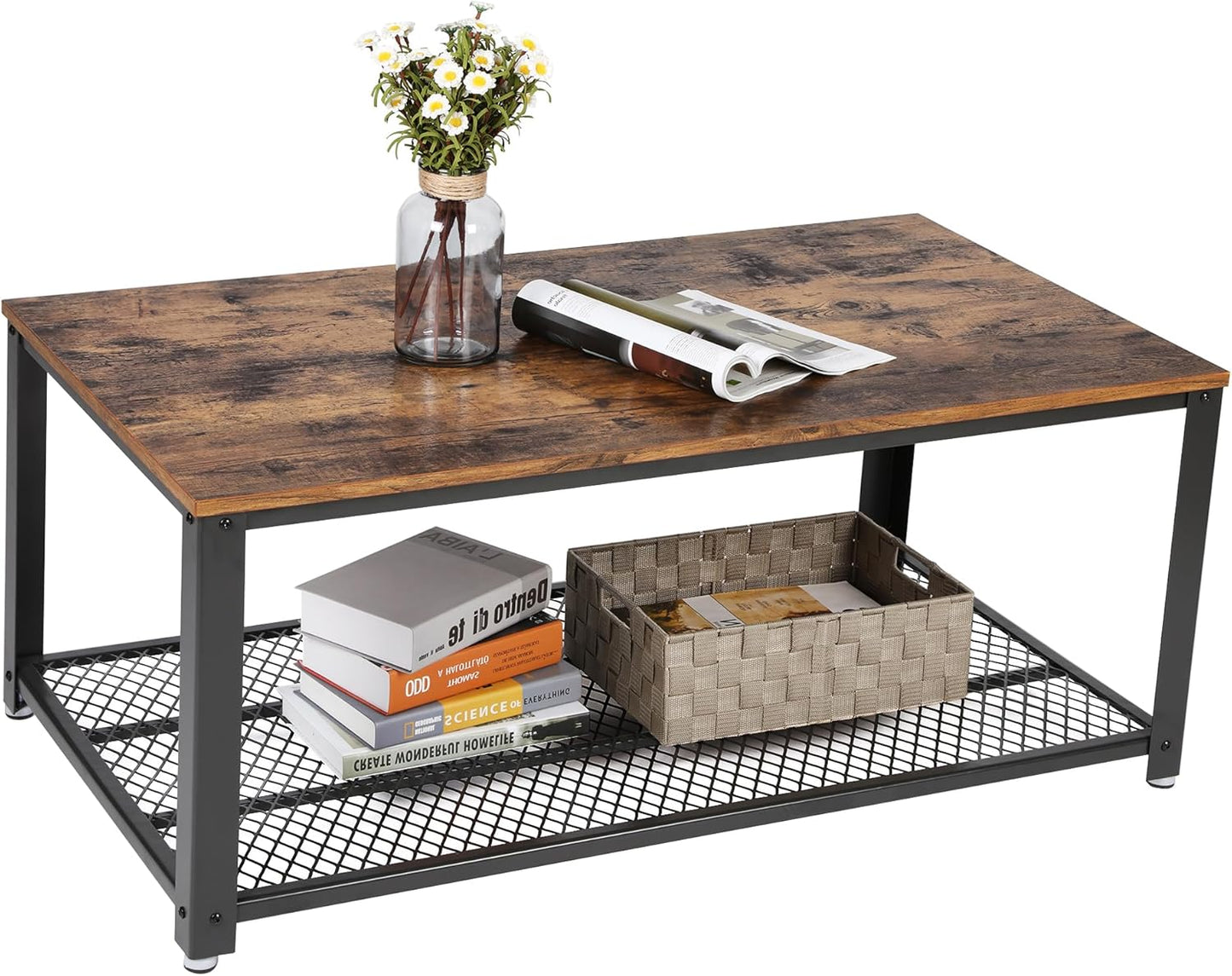 Coffee Table for Living Room, 2-Tier Cocktail Table, Center Table with Mesh Shelf, Steel Frame, Adjustable Feet, Industrial Style, Rustic Brown and Black ULCT61X