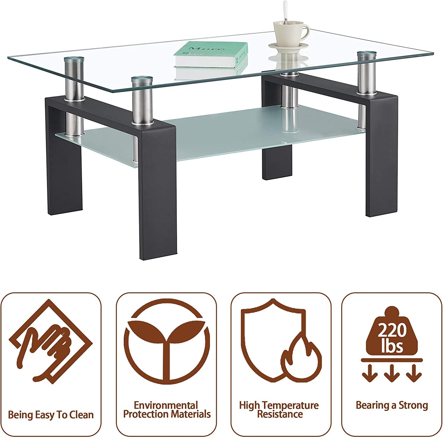 Coffee Table with Metal Tube Legs, Glass and Rectangle End Table for Livingroom (Black)