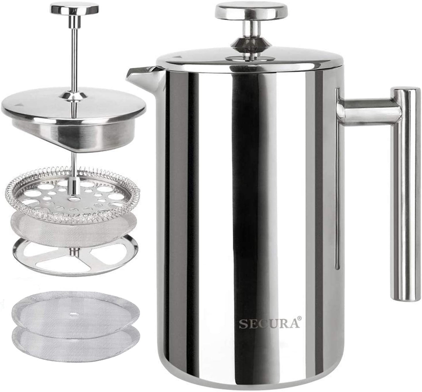 French Press Coffee Maker, 304 Grade Stainless Steel Insulated Coffee Press with 2 Extra Screens, 17Oz (0.5 Litre), Silver