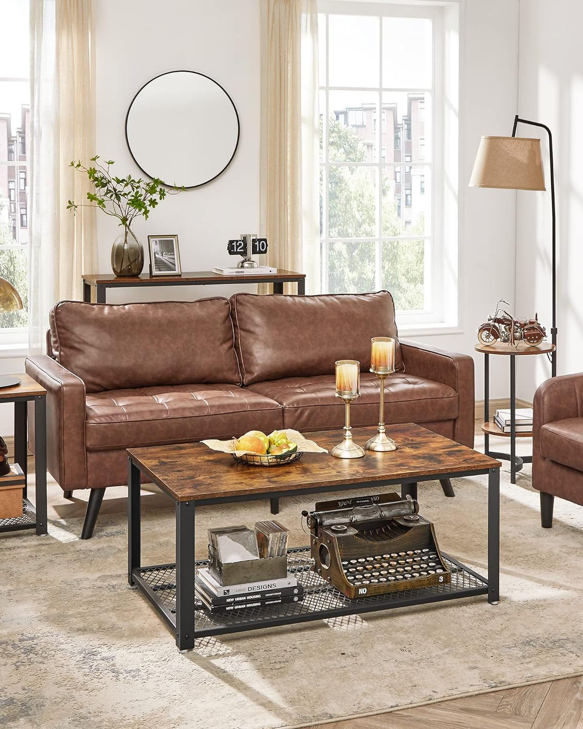 Coffee Table for Living Room, 2-Tier Cocktail Table, Center Table with Mesh Shelf, Steel Frame, Adjustable Feet, Industrial Style, Rustic Brown and Black ULCT61X