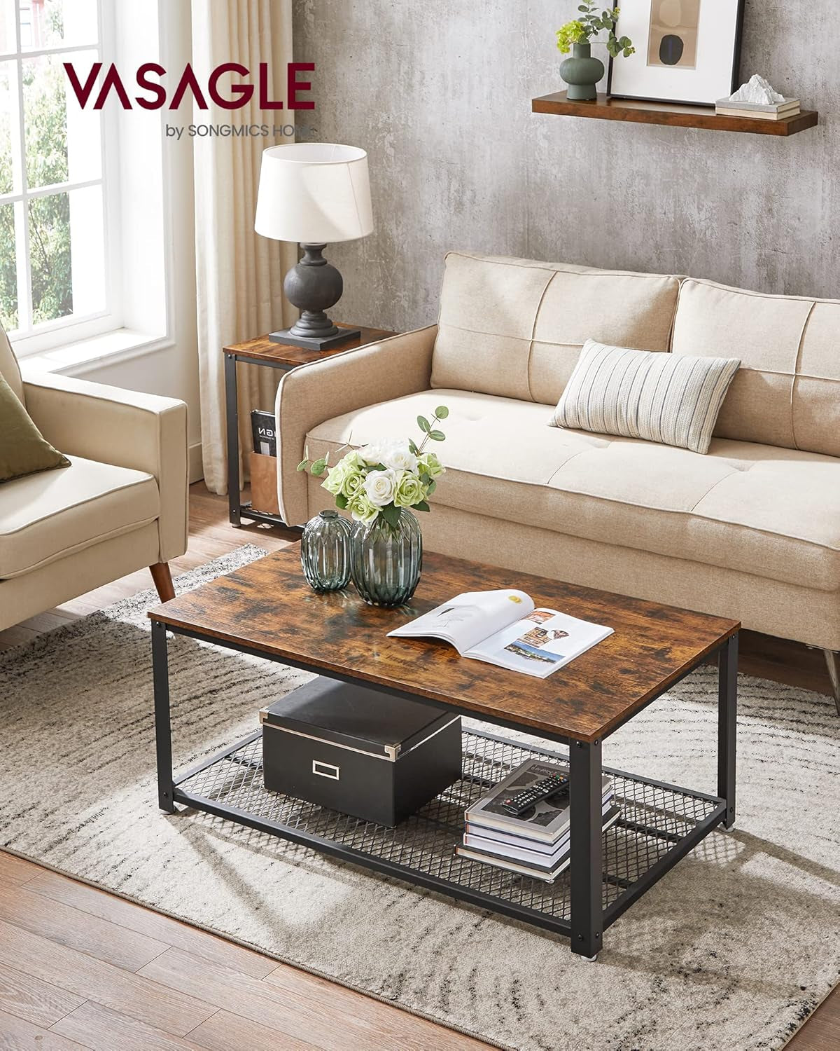 Coffee Table for Living Room, 2-Tier Cocktail Table, Center Table with Mesh Shelf, Steel Frame, Adjustable Feet, Industrial Style, Rustic Brown and Black ULCT61X