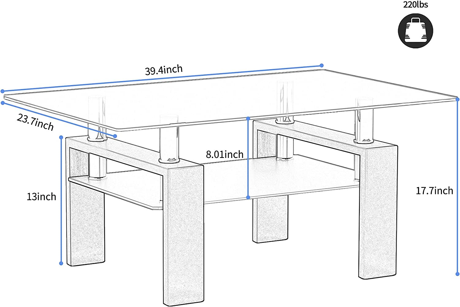 Coffee Table with Metal Tube Legs, Glass and Rectangle End Table for Livingroom (Black)