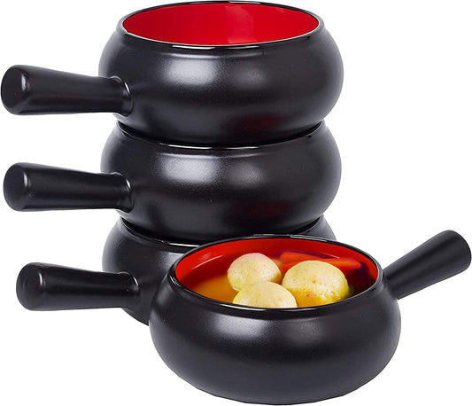 17 Oz round Ceramic Soup Bowl Set of 4 with Handle,17 Ounce Ceramic French Onion Soup Serving Bowls for Chili, Beef Stew, Cereal, Pot Pies - Black with Red