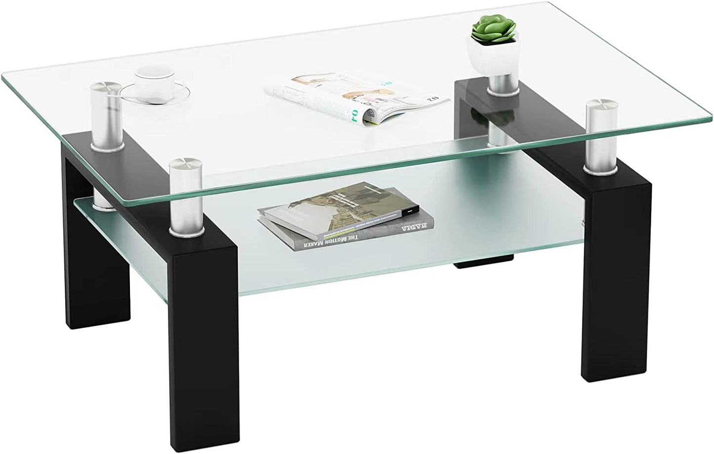 Coffee Table with Metal Tube Legs, Glass and Rectangle End Table for Livingroom (Black)