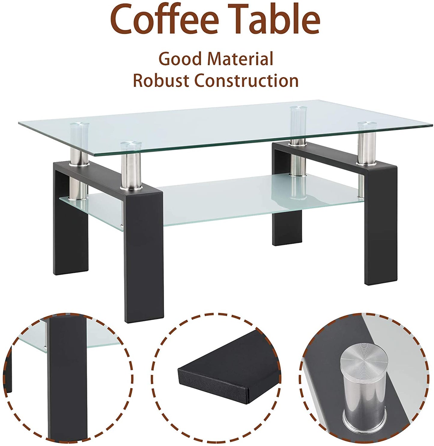 Coffee Table with Metal Tube Legs, Glass and Rectangle End Table for Livingroom (Black)