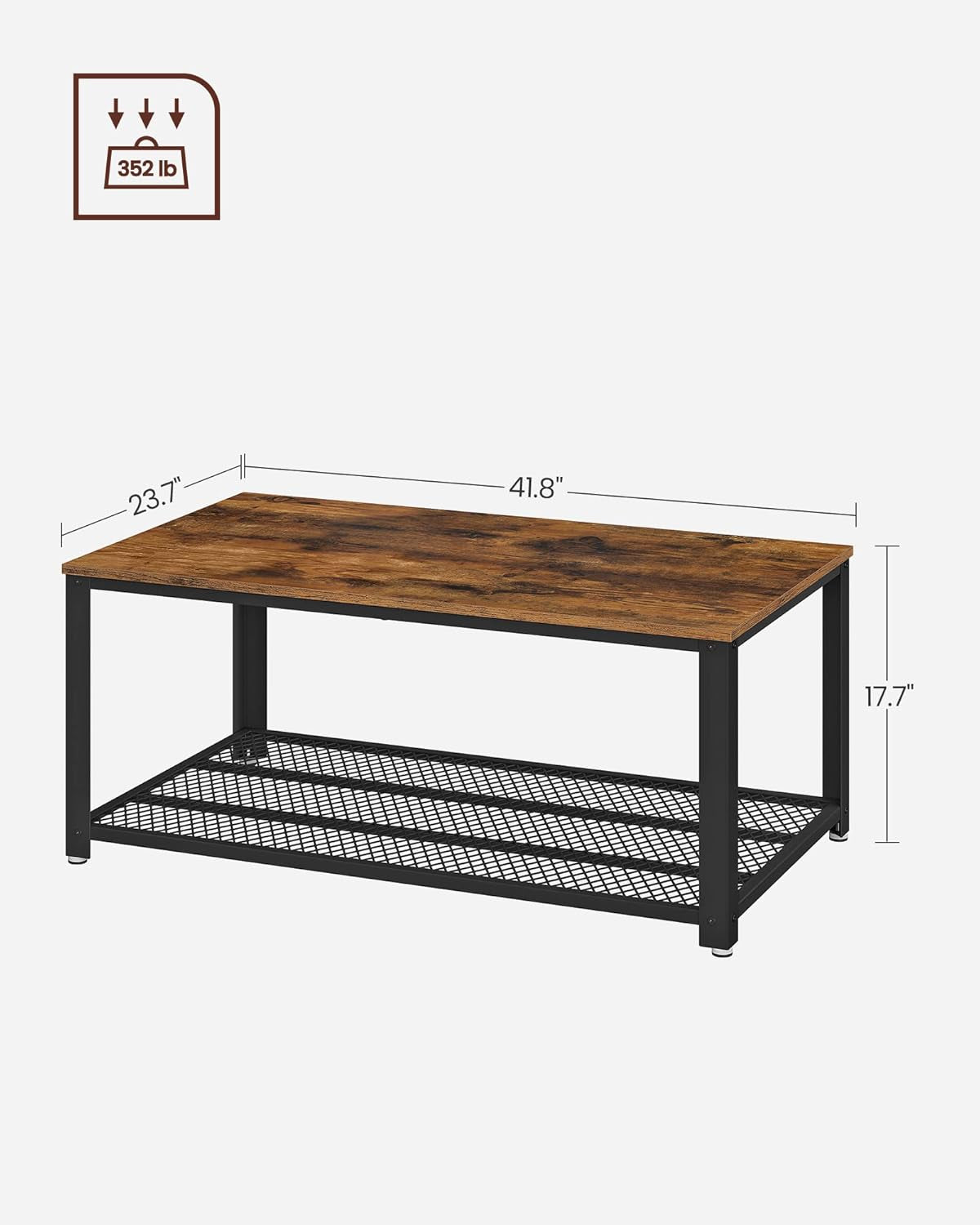 Coffee Table for Living Room, 2-Tier Cocktail Table, Center Table with Mesh Shelf, Steel Frame, Adjustable Feet, Industrial Style, Rustic Brown and Black ULCT61X