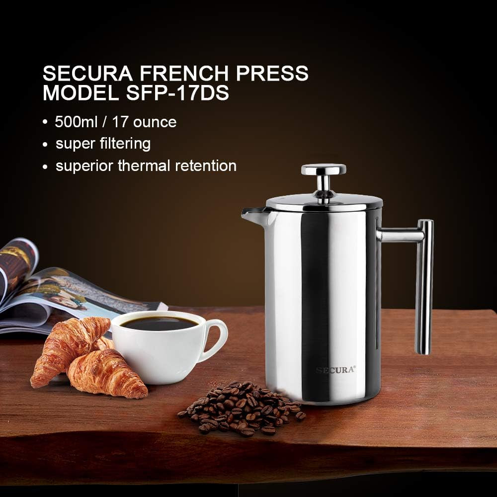 French Press Coffee Maker, 304 Grade Stainless Steel Insulated Coffee Press with 2 Extra Screens, 17Oz (0.5 Litre), Silver