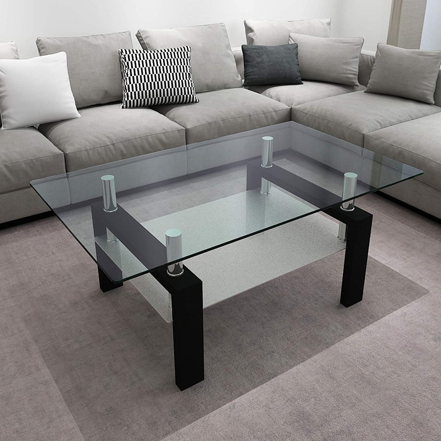 Coffee Table with Metal Tube Legs, Glass and Rectangle End Table for Livingroom (Black)