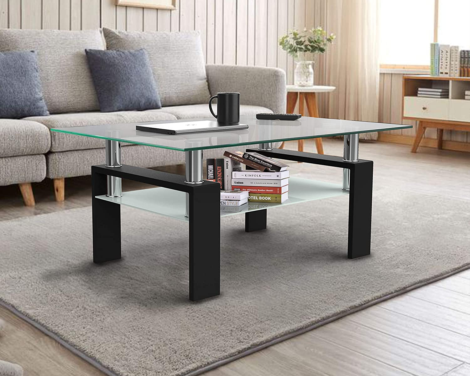 Coffee Table with Metal Tube Legs, Glass and Rectangle End Table for Livingroom (Black)